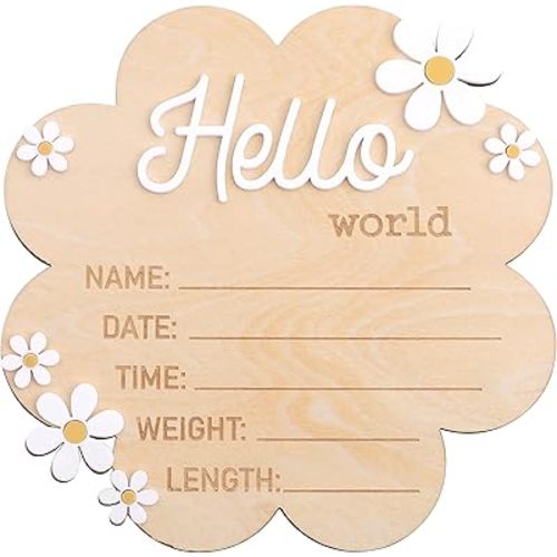 Hello World Daisy Newborn Sign - Wooden Hello World Welcome Sign, Flower Shape Newborn Announcement, Personalized Birth Announcement Board, for Newborn Gender Hospital Photo Props