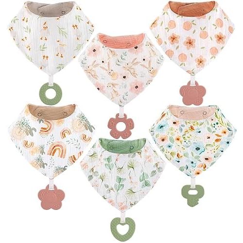 Baby Bandana Drool Bibs 6-Pack and Teething Toys 6-Pack Made with 100% Organic Cotton, Absorbent and Soft Unisex