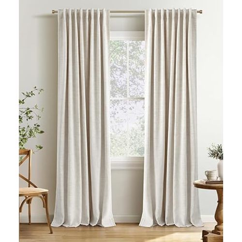 INOVADAY 100% Blackout Curtains 84 Inches Length 2 Panels Set, Back Tab/Rod Pocket Linen Black Out Curtains for Bedroom, Thermal Insulated Window Drapes - Cream, W50 X L84