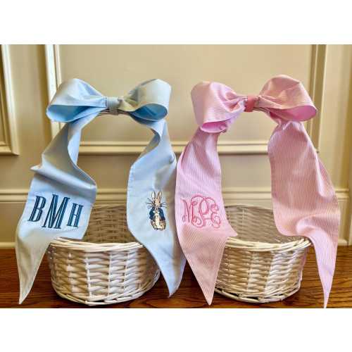 Personalized Pre-Tied Easter Basket Bow, Custom Embroidered Seersucker  Pretied Basket Bows with Name or Monogram, Monogram Easter Decor