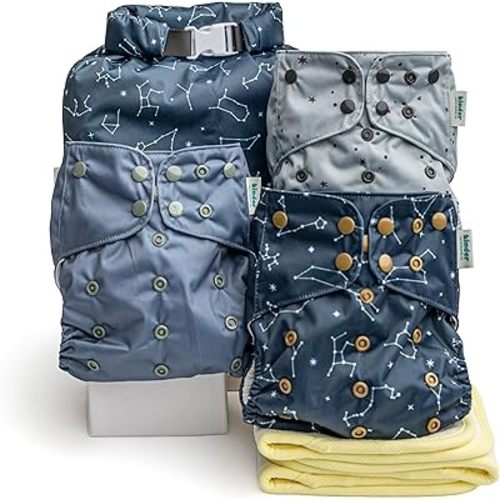 Kinder Cloth Diapers Reusable Baby Diapers Pocket Style Athletic Wicking Jersey, Bamboo Viscose Inserts, Wet Bag, Newborn to Potty Training 7-60lbs, One Size (Starlight, 3 Pack, with Inserts)