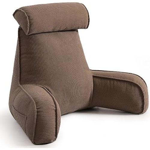 Reading Pillow for Sitting Up in Bed with Arms, Corduroy Back Support Cushion with Side Pockets & Washable Cover, Bed Rest Pillow for Sofa Reading, Relaxing & Watching TV, Chocolate