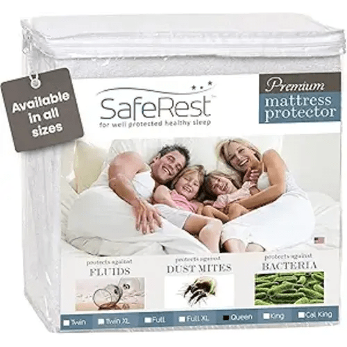 SafeRest Waterproof Queen Size Mattress Protector - Fitted with Stretchable Pockets - Machine Washable Cotton Blend Mattress Cover for Bed