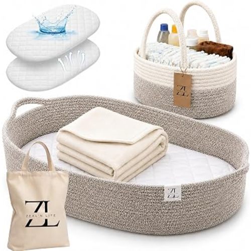 All-in-One Baby Changing Basket, Natural Handwoven Cotton Rope