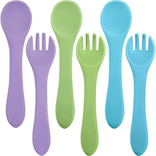 6 Pieces Silicone Baby Feeding Forks and Spoons Set Hot Safety First Stage Self Feeding Supplies Mini Kids Utensils for Over 6 Months Babies Boy Girl Toddlers First Foods (Primary Color,Simple Style)