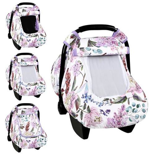 Car Seat Cover Baby, HNHUAMING Infant Car Seat Covers Canopy for Baby Girl Boy, Cozy & Windproof Newborn Carseat Covers Minky Dot Backing Stroller Cover with Breathable Mesh Window, Purple Floral