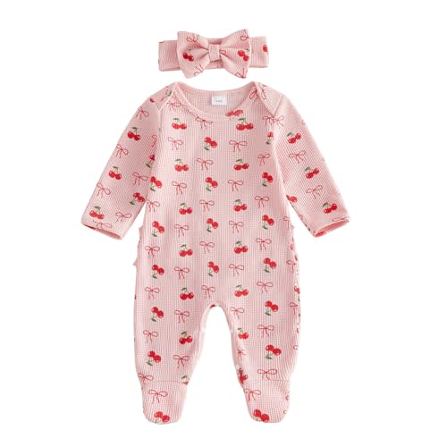 Newborn Girl Waffle Knit Footed Romper | Long Sleeve, Cherry/Bow Pattern, Baby Coming Home Clothes, Bow Headband, Fall Winter Outfit