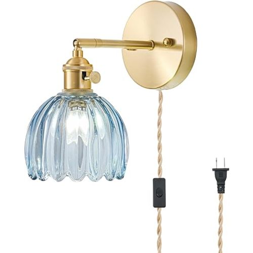 Plug in Wall Sconce, Vintage Sconce Light with Tulip Denim Blue Glass Lampshade, Bedside Wall Sconce with Switch and Plug in Wall Lamp Cord, Gold Wall Light for Bedroom