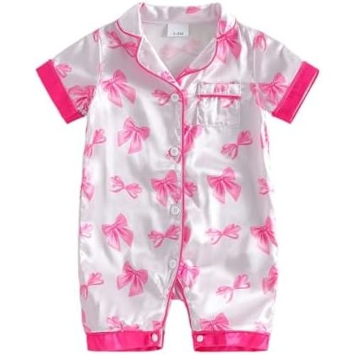 fyclemt Newborn Baby Boy Girl Silk Pajamas Bow Feather Trim Nightgown Button Down Romper One Piece Jumpsuit Satin Sleepwear