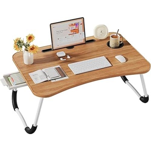 Lap Desk Bed Trays for Eating and Laptops Breakfast in Bed Tray for Sofa/Couch/Study/Reading/Writing with Cup Holder/Drawer On Low Sitting Floor Large Portable Foldable (Walnut Beige)