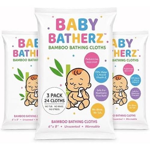 Baby Batherz® Bamboo Bathing Cloths, No-Rinse Newborn Bath, No Tub, Waterless Baby Wash - 99% Water, Aloe, Vitamin E, Unscented, Warmable, made for Sensitive Skin. 24 Total (3 Packs of 8 Cloths)