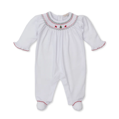 Size 0-3 M Christmas Tree White Hand Smocked Footie