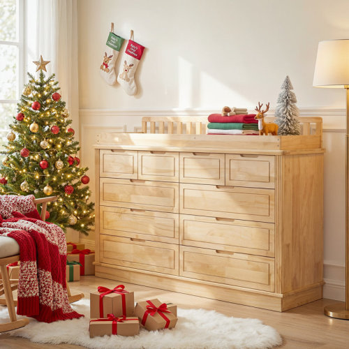 Millwood Pines 55'' W 10-Drawer Baby Changing Table With Guardrail And Anti-Tip Kit, Natural Finish | Wayfair