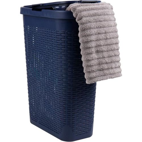 Mind Reader Slim Laundry Hamper with Lid, 40L Clothes Basket, Premium Wicker Design, Plastic, Navy