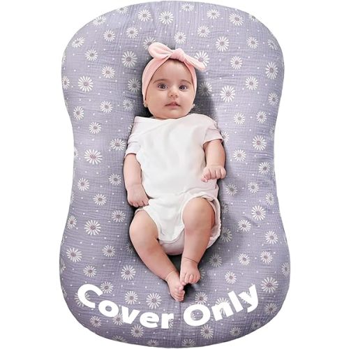 FUNUPUP Muslin Baby Lounger Cover Only Compatible with Snuggle Me Lounger, Infant Pillow Cover for Newborn, Removable Nest Slipcover for Boys and Girls, Only Cover, Purple Daisy