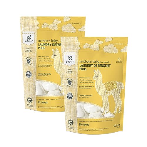 Grab Green Newborn Baby Laundry Detergent Pods, 60 Count, Calming Chamomile Scent, Plant and Mineral Based, Formulated to Tackle Newborn (0-4 Months) Laundry Stains