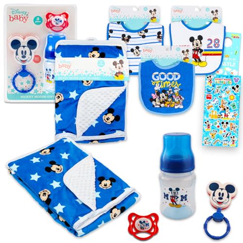 Disney Mickey Mouse Baby Gift Set, Baby Shower Gifts Boys Neutral - 12 Pc Newborn Essentials Bundle with Blanket, Bibs, Rattle, Bottle, Pacifier, Scrapbook Stickers, More