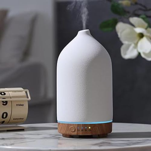 200ML Ceramic Essential Oil Diffuser - Ultrasonic Aromatherapy & Humidifier with 7-Color LED Lights, Auto Shut-Off, Wood Grain Base, 1H/3H/6H Timer | Scent for Home, Office, Yoga