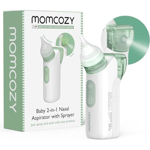 Momcozy 2-in-1 Baby Nasal Aspirator with Nasal Spray, Electric Nasal Aspirator for Baby, Battery Powered Nose Aspirator for Newborn and Toddler, 2 Tips Replacements - White