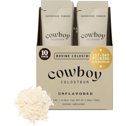 Cowboy - The Exclusive 1st Milking, Whole, Grass Fed Colostrum Supplement for Full Body Health - Bovine Colostrum Powder Packed w/Bioactive Nutrients (10 Travel Packs - Unflavored)