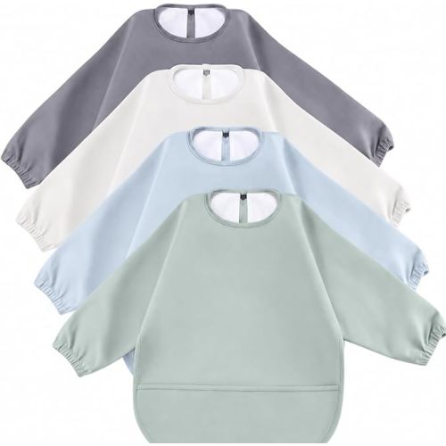 JaGely 4 Pack Long Sleeve Baby Bibs Waterproof Smock Bid with Elastic Cuffs Large Pocket for Baby Eating Feeding 6-36 Months