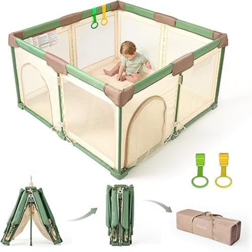 Tinyiota Foldable Baby Playpen, 50x50 Inch Portable Play Yard for Babies and Toddlers with Soft Breathable Mesh, Storage Bag & 2 Pull-Toy Handles for Indoor & Outdoor (Green, 50x50)