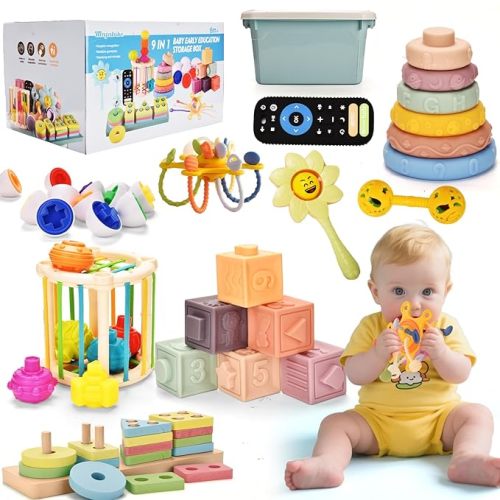 Baby Toys 6 to12 Months 9 in-1 Montessori Teething Trendy Toys Sorting Sensory Educational Learning Gift for Toddlers Aged 1-3 (9in1)