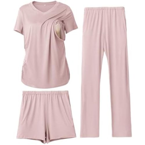 Rnxrbb 3 Piece Maternity Nursing Pajamas Set for Women Postpartum Pjs