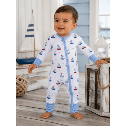 2-Way Zip Romper, Bubbly Sailboats Blue
