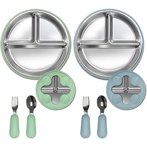 Lot de 2 assiettes à ventouse en silicone pour bébé en acier inoxydable 304 et lot de 2 cuillères, ustensiles pour tout-petits pour l'alimentation du bébé, sans BPA, adaptés au lave-vaisselle et au