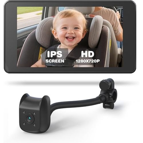 Baby Car Camera Monitor | 5" 1080P IPS Suction Cup Screen - 360° Rotation IR Night Vision 3X Zoom - USB Powered for Rear Facing