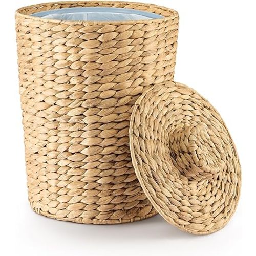 2 Gallons Wicker Waste Basket - Water Hyacinth Bathroom Garbage Can with a Lid - Bathroom Trash Can Boho Style - Wicker Trash Can with Lid for Household, Kitchen - Removable Liner, Iron Frame