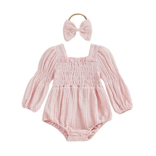 Kavousa Smocked Baby Girl Clothes Newborn Girl Bubble Romper Long Sleeve Jumpsuit And Headband Outfit Cute Infant Clothing