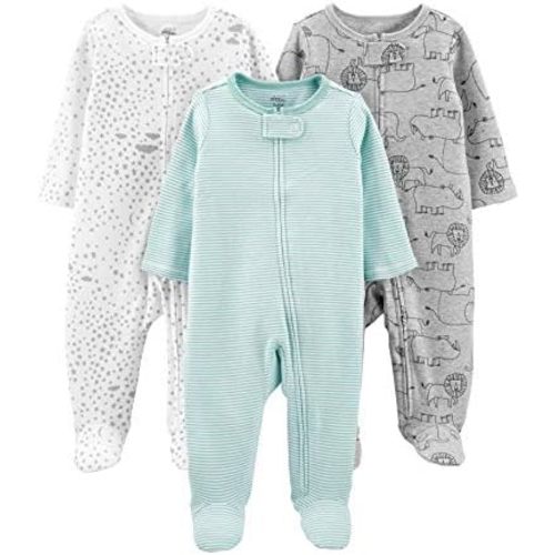 Simple Joys by Carter's Kid's 3-Pack Sleep and Play Sleepwear, Mint/Stripes/Heather Grey/Prints, 0-3M