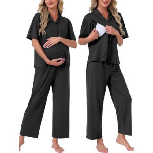 INSPIRE CHIC 2 Pcs Maternity Nursing Short Sleeves Breastfeeding Loungewear Button Down Postpartum Pajama Sets Small Black