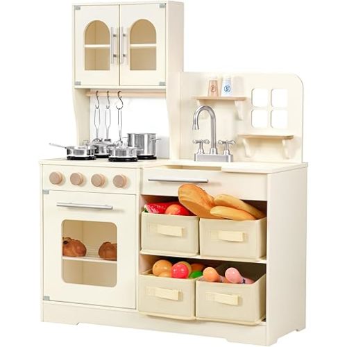 Play Kitchen for Kids Wooden Toy Playset with Storage System, Chef Pretend Play Set with Oven, Utensils, Cupboard, Sink, Clicking Knobs, Toddler Kitchen Play for Ages 3+