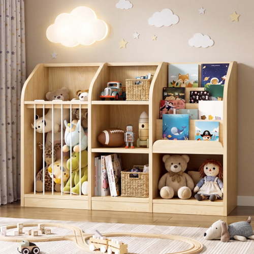 ROGALIS 3-in-1 Toy Storage Organizer, Stuffed Animal Storage with 4 Open Cubbies, Kids Montessori Low Cabinet Bookshelf, Toddler Kids Bookcase for Playroom Kids Room Nursery Classroom，Maple Wood