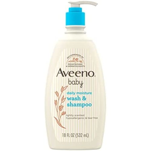 Aveeno Baby Daily Moisture Gentle Body Wash & Shampoo with Oat Extract, 2-in-1 Baby Bath Wash & Hair Shampoo, Tear- & Paraben-Free for Hair & Sensitive Skin, Lightly Scented, 18 fl. oz