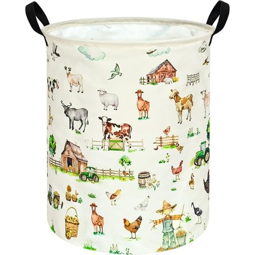 Collapsible Kids Laundry Basket Clothes Hamper, Foldable Storage Organizer Bin, Toy Clothes Storage with Handles for Boys Girls Bedroom, Room Decor Farm