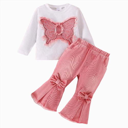 mgoYE Baby Girl Clothes 0-3 Months Toddler Baby Girls Clothes Fall Winter Ribbed Top Little Kids Girl Denim Outfits Jeans Flare Pants (Pink,6-9 Months)
