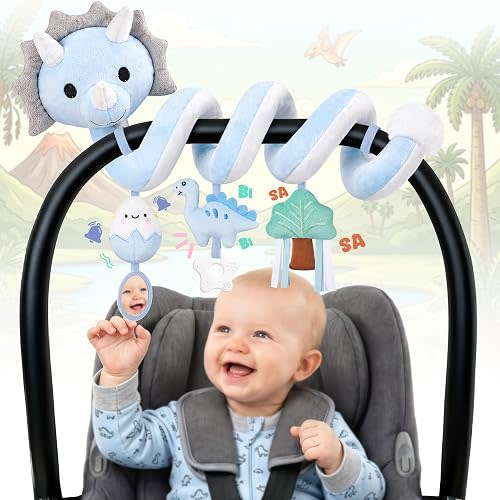 Stuffed Dinosaur Spiral Car Seat Toys Hanging for Babies 0-3 3-6 6-12 Months, Plush Infant Stroller Toy with Silicone Teether, Crinkle and Squeaker, Soft Cute Shower Gifts for Newborn Boys Girls