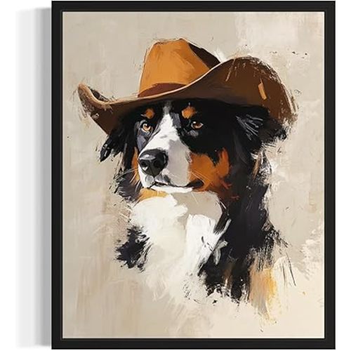 Australian Shepherd Cowboy Hat Wall Art Print Poster, Dog Pet Lover Picture Painting Artwork Bedroom Living Room Office Dining Room 150 (Australian Shepherd Cowboy Hat, 8 x 10 inches, Black Frame)