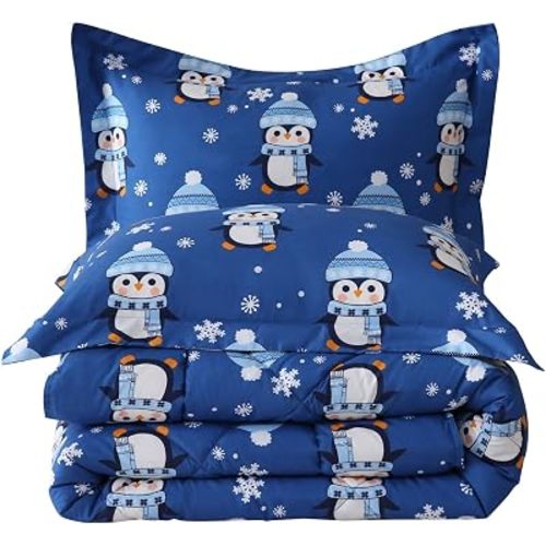 JSD Penguin Snowflakes Kids Christmas Comforter Set Full Size, 3 Piece Xmas Printed Microfiber Bedding Set, Machine Washable