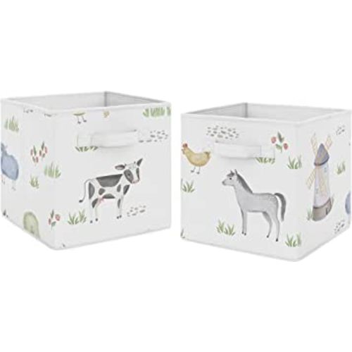 Sweet Jojo Designs Farm Animals Foldable Fabric Storage Cube Bins Boxes Organizer Toys Kids Baby Childrens - Set of 2 - Watercolor Farmhouse Horse Cow Sheep Pig