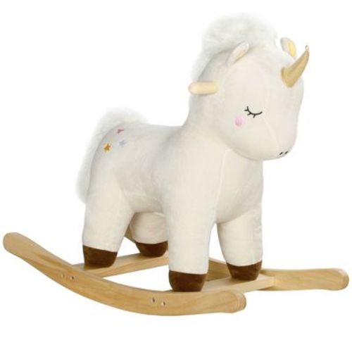 Qaba Rocking Horse, Kids Rocking Animal, Plush Ride on Unicorn with Realistic Sounds & Wooden Base for Years 2-4, White