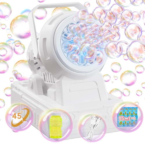JoyStone White Automatic Bubble Machine with Lights, Adjustable Angle, Dual Power USB or Battery, Includes Bubble Solution and 8 Concentrated Packs, Outdoor Bubble Blower for Kids
