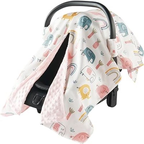 Baby Car Seat Cover - Ultra Soft Minky Infant Car Seat Canopy with Snap Peekaboo Opening, Multi-Use Stroller Cover, Nursing Cover & Plush Baby Blanket for Boys Girls (Multi)