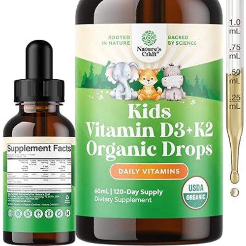 Natures Craft Kids Vitamin D3 K2 Drops - Organic Vitamin D for Kids for Strong Bones & Joints - Infants, Babies & Toddler Immune Support Drops Liquid Supplement - 60 ml Bottle