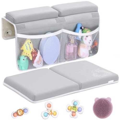Baby Bath Kneeler and Elbow Rest Pad Set, Foldable Bath Kneeling Pad with Baby HeadBrush, 3 Baby Bath Toys Organizer, Foldable, Non-Slip Foam Mat for Bathing Baby, Gray