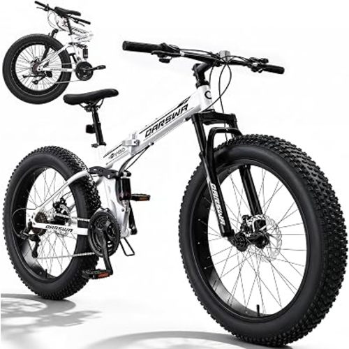 Foldable Fat Tire Mountain Bike, 26 Inch All Terrain MTB with 21-Speed Shifter& Disc Brakes, Carbon Steel Frame, 4" Wide Tires for Adults Men Women, Off-Road & City Commuting